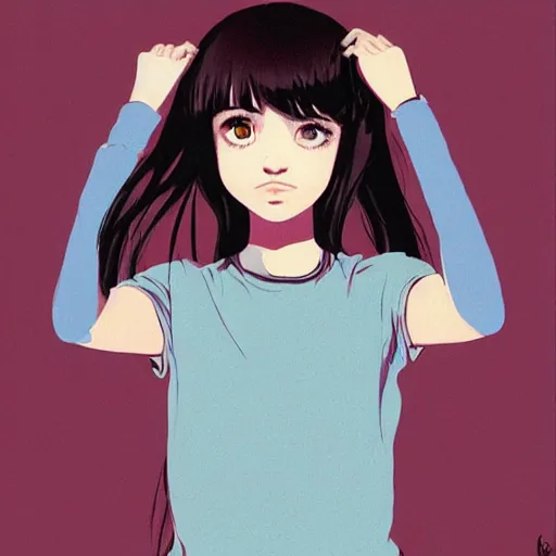 Image similar to urban Amanda Bynes girl in tattered clothes on Tv, dark blue long shirt, muted All That logo, matter held against gravity, pastel colors, ornate, profound religious statement cute smile, Krav Maga, anti-art, elegant, drift into a pick in the NBA, by Ilya Kuvshinov, by Studio Ghibli