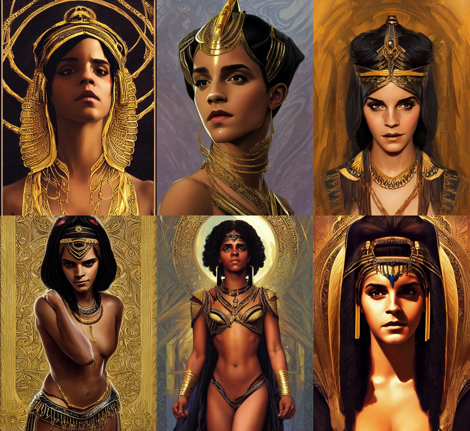 Prompt: black emma watson as cleopatra, intricate, elegant, highly detailed, digital painting, artstation, concept art, smooth, sharp focus, illustration, art by rutkowski, aleksi briclot, mucha, orientalism, bouguereau