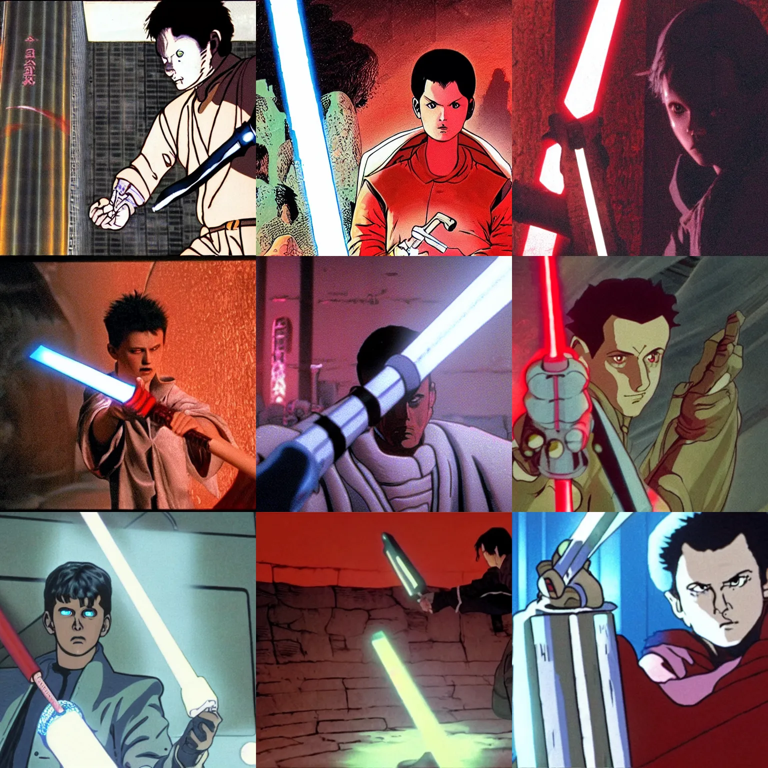 Prompt: Moff Gideon wielding a glowing white darksaber in Akira 1988