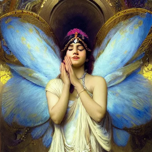 Image similar to detailed portrait of hindu traditional girl with wings high - tech vr headset in baroque painting, girl graceful, eyes closed, painting by gaston bussiere, craig mullins, j. c. leyendecker, lights, art by ernst haeckel, john william godward, hammershøi,,