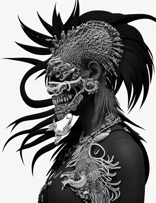 Image similar to 3 d goddess close - up profile simple portrait punk skull with mohawk with ram skull. beautiful intricately detailed japanese crow kitsune mask and clasical japanese kimono. betta fish, jellyfish phoenix, bio luminescent, plasma, ice, water, wind, creature, artwork by tooth wu and wlop and beeple and greg rutkowski