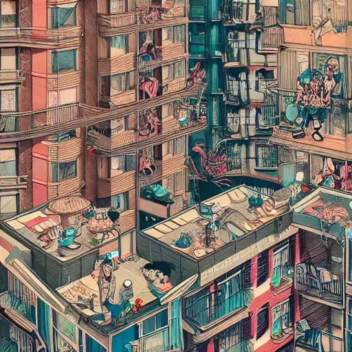 Image similar to crazy apartments, extremely detailed, sharp focus, wide view, full body shot, smooth, digital illustration, by james jean, by rossdraws, frank franzzeta, mcbess, sakimichan