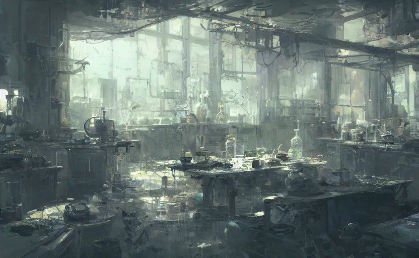 Image similar to a messy chemical lab interior, scifi, post apocalyptic, painting by Craig Mullins, octane rendering, soft morning lighting, wide angle lens, low view, in the style of Hayao Miyazaki, trending on artstation,