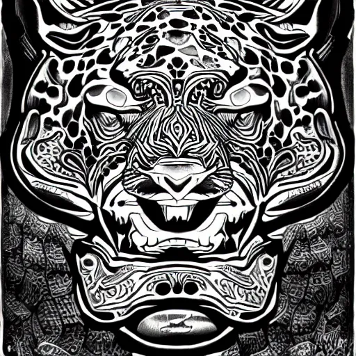 Image similar to jaguar head tattoodesign, frontview, black and white, white background. very detailed ink drawing, fine lineart, extremely detailed