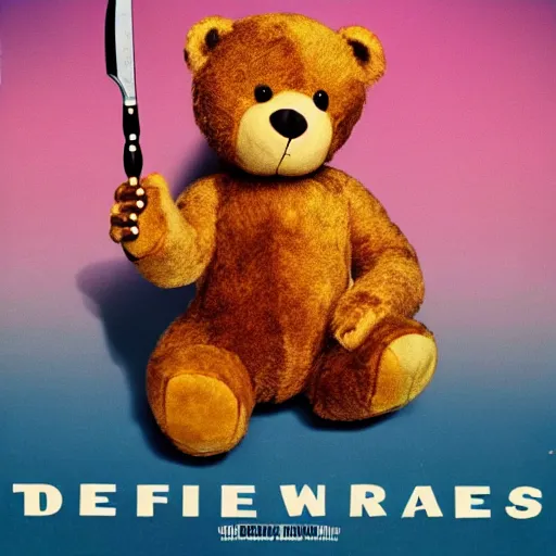 Prompt: teddy bear holding a knife as a 1 9 6 0 s movie poster