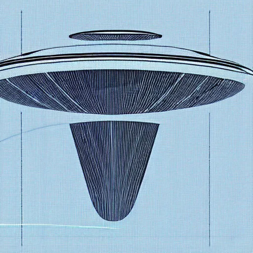 Image similar to a highly detailed technical schematic, blue - print, of a ufo propulsion system