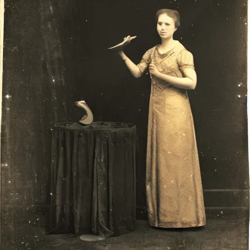 Image similar to A lady wearing a gown looking at a golden mirror, colorised old photo