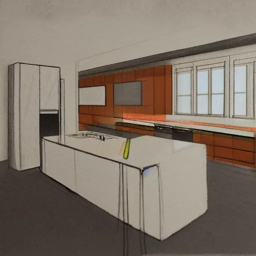 Image similar to colored pencil sketch of modern kitchen, trending on artstation