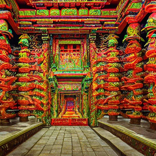 Image similar to Photorealistic inside a temple made of snakes. Hyperdetailed photorealism, 108 megapixels, amazing depth, glowing rich colors, powerful imagery, psychedelic Overtones