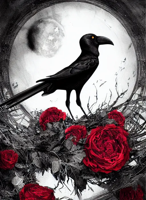 Image similar to portrait, A crow with red eyes in front of the full big moon, book cover, red roses, red white black colors, establishing shot, extremly high detail, foto realistic, cinematic lighting, pen and ink, intricate line drawings, by Yoshitaka Amano, Ruan Jia, Kentaro Miura, Artgerm, post processed, concept art, artstation, matte painting, style by eddie mendoza, raphael lacoste, alex ross