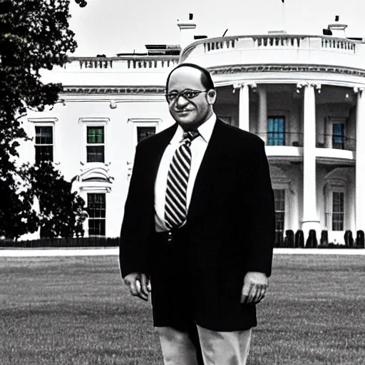 Prompt: president george costanza stands in front of the white house