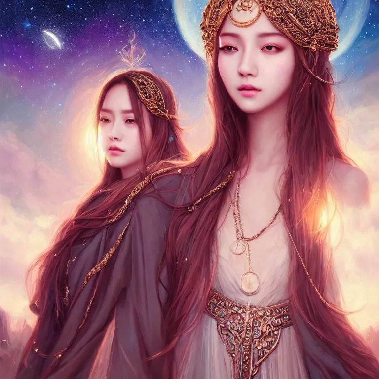 Prompt: masterpiece portrait charming and miracle female luxury astromancer boho accessories in dreamlike movie, high detailed face, kpop, art by artgerm, greg rutkowski, sasoura, satchely, big major starry sky and city in background, uhd, medium long shot, fantasy, no distorsion, sharp focus, front light