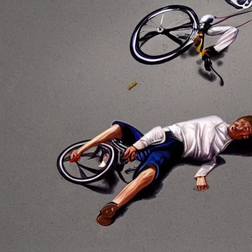 Image similar to Brian Limmond in a bike crash falling of his bike, blood, photorealistic
