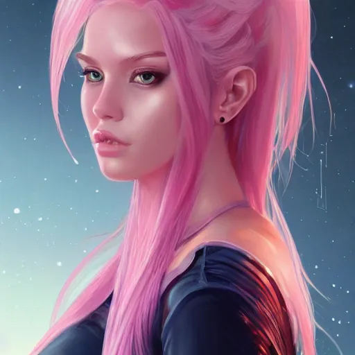 Image similar to portrait of beautiful symmetrical anime alien woman, pink hair, attractive, casual, modern, victoria's secret, highly detailed, digital painting, artstation, concept art, smooth, sharp focus, illustration, art by artgerm, greg rutkowski and alphonse mucha, 8 k,