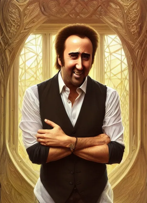 Image similar to symmetry!! portrait of nicolas cage, long hair in the wind, smile, happy, white vest, intricate, elegant, highly detailed, digital painting, artstation, concept art, smooth, sharp focus, illustration, art by artgerm and greg rutkowski and alphonse mucha