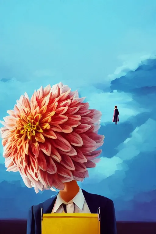 Image similar to closeup giant dahlia flower head, girl in a suit, street, surreal photography, blue sky, sunrise, dramatic light, impressionist painting, digital painting, artstation, simon stalenhag