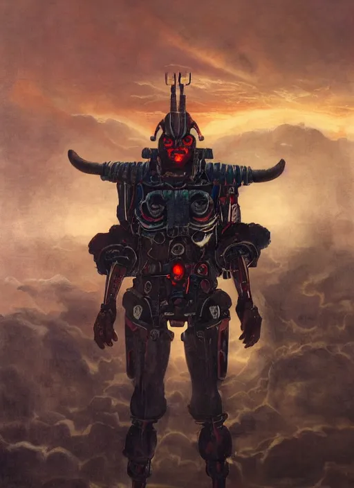 Prompt: portrait of a diabolical cyborg clown samurai armed with ion launcher, torn cape, dynamic pose, glowing eyes, ancient ruins, glowing veins subsurface scattering, in clouds, sunset, portrait, by gerald brom, by mikhail vrubel, by peter elson, muted colors, extreme detail, reflections, trending on artstation, 8 k