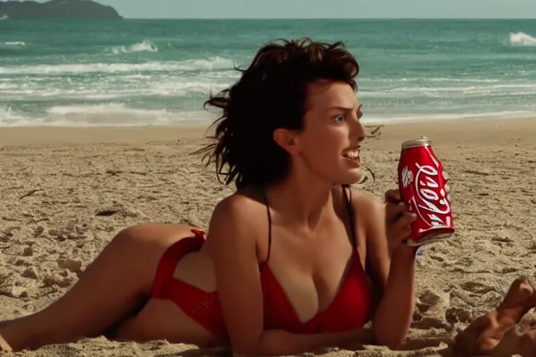 Image similar to Movie scene Coca-Cola ad Ellie Mae holding a Coca-Cola in bikini on the beach by Emmanuel Lubezki