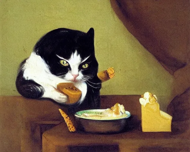 Prompt: cat eating an ice cream, painting by fransisco goya