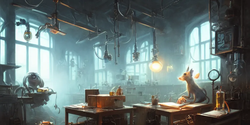 Image similar to humanoid rat in a laboratory sitting at a desk with lots of flasks filled with magic liquids and poisonous fog, stephen bliss, unreal engine, fantasy art by greg rutkowski, loish, rhads, ferdinand knab, ilya kuvshinov, rossdraws, tom bagshaw, global illumination, radiant soft light, detailed and intricate environment