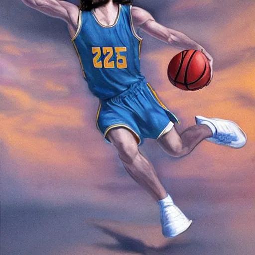 Image similar to jesus playing basketball, hyper realistic, highly detailed,