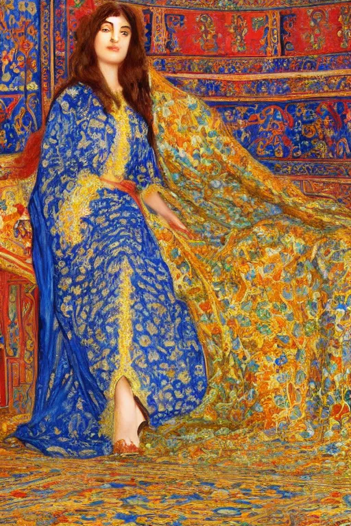 Prompt: gorgeous iranian girl wear detailed golden blue dress lay down on a detailed persian carpet, a big tree palm persian pot, painting by john singer sargent