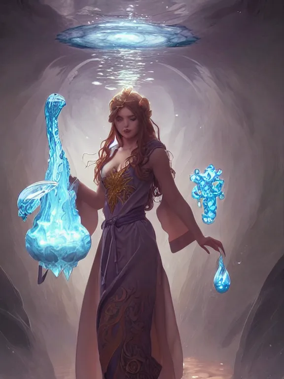 Image similar to summoner wearing robes with a cute water elemental, fantasy, intricate, elegant, highly detailed, digital painting, artstation, concept art, wallpaper, smooth, sharp focus, illustration, art by artgerm and greg rutkowski and alphonse mucha