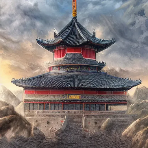 Image similar to dynamic composition, motion, ultra-detailed, incredibly detailed, a lot of details, amazing fine details and brush strokes, colorful and grayish palette, smooth, HD semirealistic anime CG concept art digital painting, watercolor oil painting of epic castle gate, from Three Kingdoms, by a Chinese artist at ArtStation, by Huang Guangjian, Fenghua Zhong, Ruan Jia, Xin Jin and Wei Chang. Realistic artwork of a Chinese videogame, gradients, gentle an harmonic grayish colors.