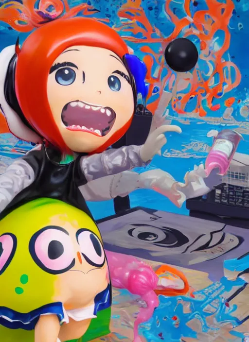 Prompt: a lifelike oil painting of an anime girl figurine caricature with a big dumb grin featured on splatoon by arthur szyk made of madballs