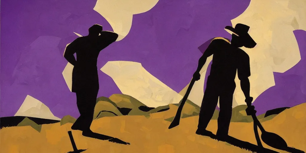 Prompt: old black man holding pick axe in hand, shades of purple, oil painting by aaron douglas,