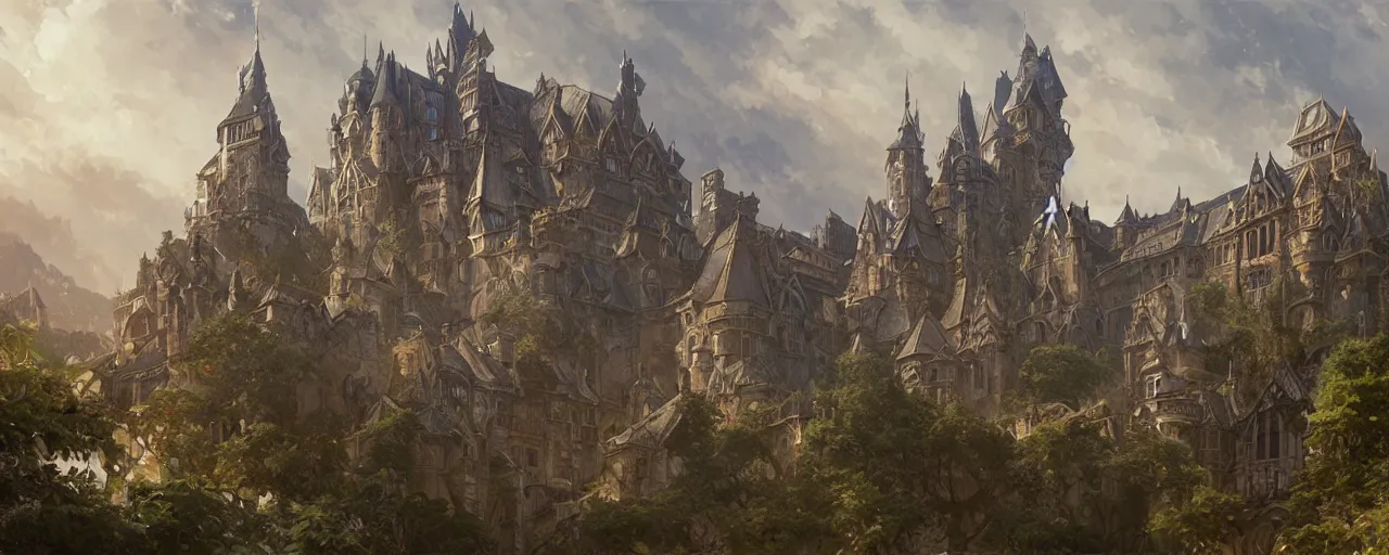 Image similar to a wide angle view of an ancient castle, D&D, fantasy, intricate, elegant, highly detailed, digital painting, artstation, concept art, smooth, sharp focus, illustration, art by artgerm and greg rutkowski and alphonse mucha