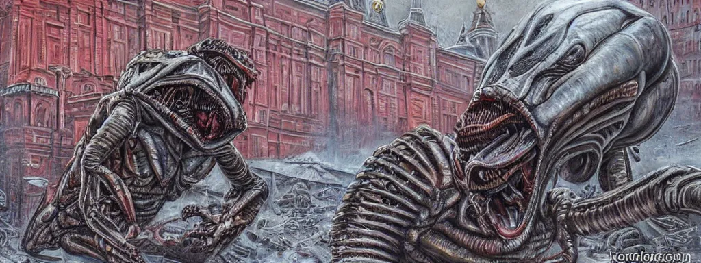 Image similar to alien predator on moscow red square. extreme long shot. post-apocalyptic art. high detail