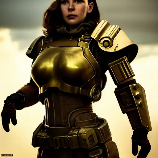 Image similar to unknown Fallout 5 character portrait, partially clothed in metal-plated ballistic armor, atmospheric lighting, painted, intricate, volumetric lighting, beautiful, golden hour, sharp focus, ultra detailed, by Leesha Hannigan, Ross Tran, Thierry Doizon, Kai Carpenter,Ignacio Fernández Ríos