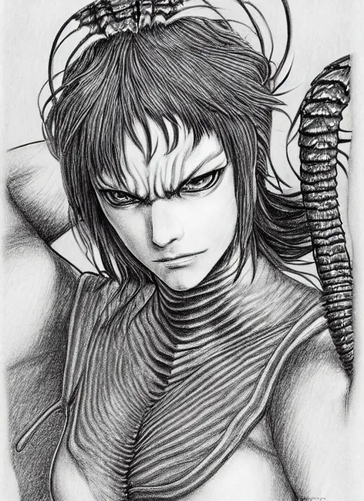 Prompt: line art pencil drawing of a scolopendra that turns into a woman, art by shinichi sakamoto and kentaro miura