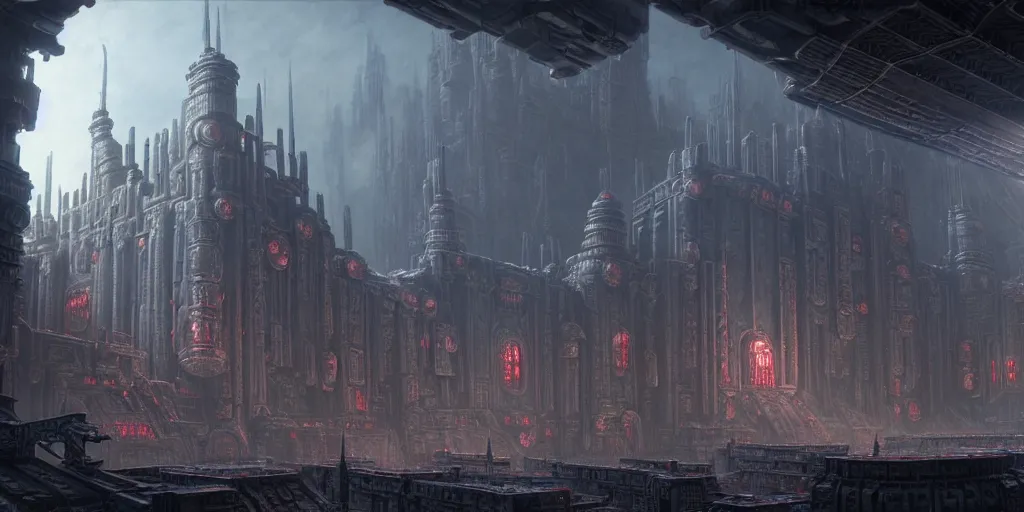 Prompt: a beautiful highly detailed matte painting of a huge ancient alien futuristic brutalist temple, Space Hulk, WarHammer 40k by Jose Daniel Cabrera Pena and Leonid Kozienko, concept art-H 640