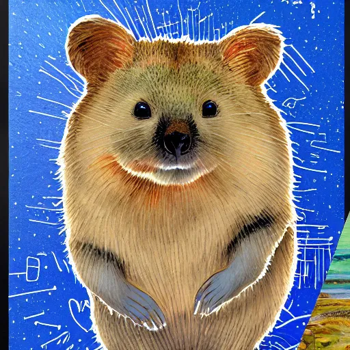 Prompt: detailed illustration, a portrait of a happy quokka on rotttnest island constructed from colored paper, collage, may gibbs, layered composition, layers, texture, textured, layered, sculpted, dynamic, 🦋,