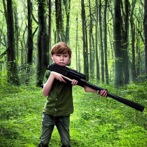 Prompt: in a background green forest, in foreground boy with shotgun, 8 k