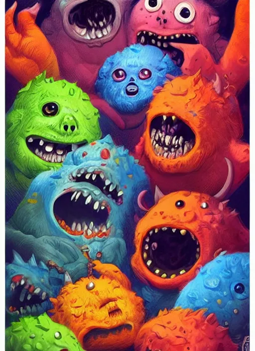 Image similar to cute baby monsters, colorful, digital art, fantasy, magic, trending on artstation, ultra detailed, professional illustration,chalk, poster artwork by Basil Gogos , clean