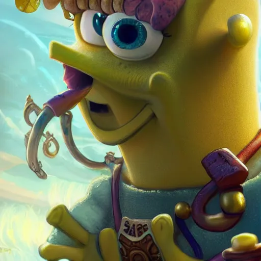 Image similar to Closeup of realistic spongebob squarepants, fantasy, intricate, elegant, highly detailed, digital painting, artstation, concept art, matte, sharp focus, illustration, hearthstone, art by Artgerm and Greg Rutkowski and Alphonse Mucha