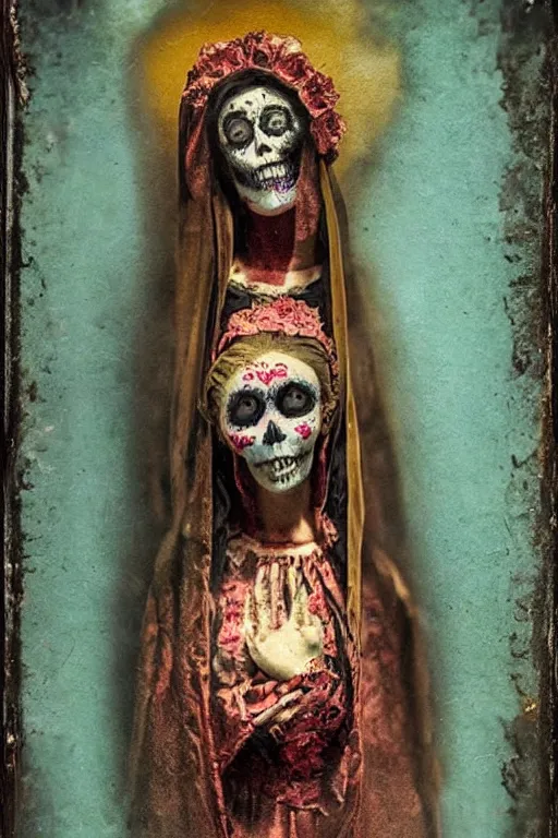 Image similar to tintype virgin mary in dia de muertos dress and make up, horrific beautiful vibe, evocative, atmospheric lighting, painted, intricate, highly detailed,