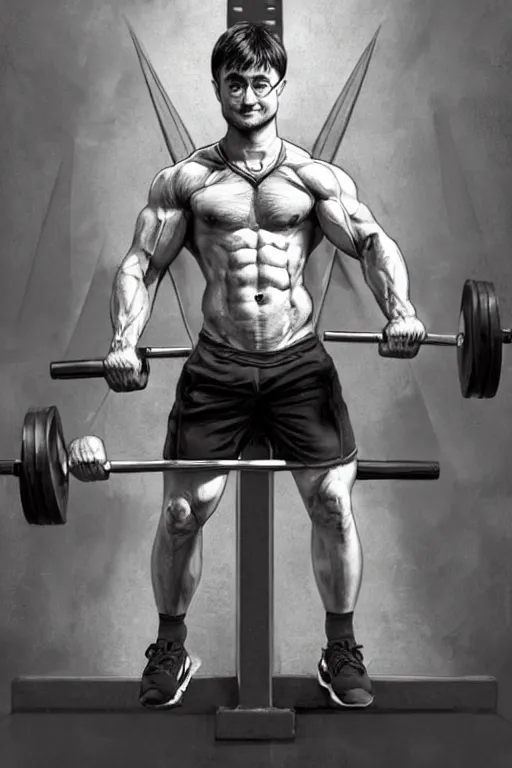 Image similar to highly detailed rendering of Daniel Radcliffe as Harry Potter doing barbell back squats, dingy workout gym, wearing a muscle tee shirt, muscular deep squats, symmetrical, highly detailed, digital painting, artstation, concept art, smooth, sharp focus, illustration, cinematic lighting, art by artgerm and greg rutkowski and alphonse mucha