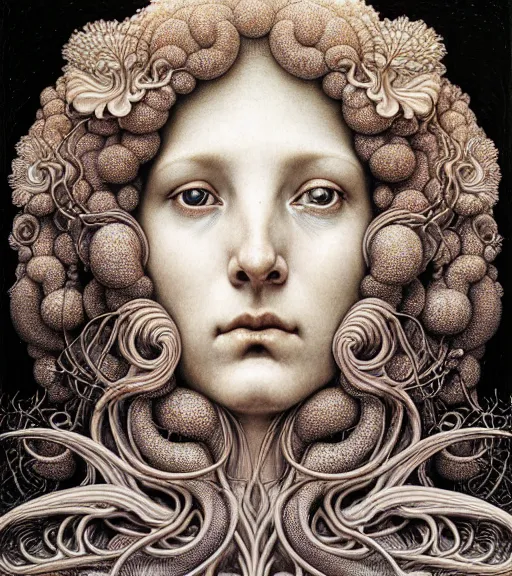 Image similar to detailed realistic beautiful fungi goddess face portrait by jean delville, gustave dore, iris van herpen and marco mazzoni, art forms of nature by ernst haeckel, art nouveau, symbolist, visionary, gothic, neo - gothic, pre - raphaelite, fractal lace, intricate alien botanicals, ai biodiversity, surreality, hyperdetailed ultrasharp octane render