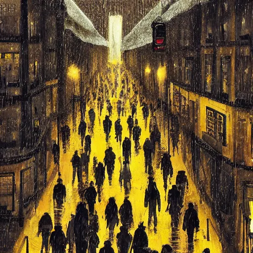 Image similar to A man in a yellow raincoat in a black city surrounded by people wearing brown rain coats. Dreary, dreamlike.