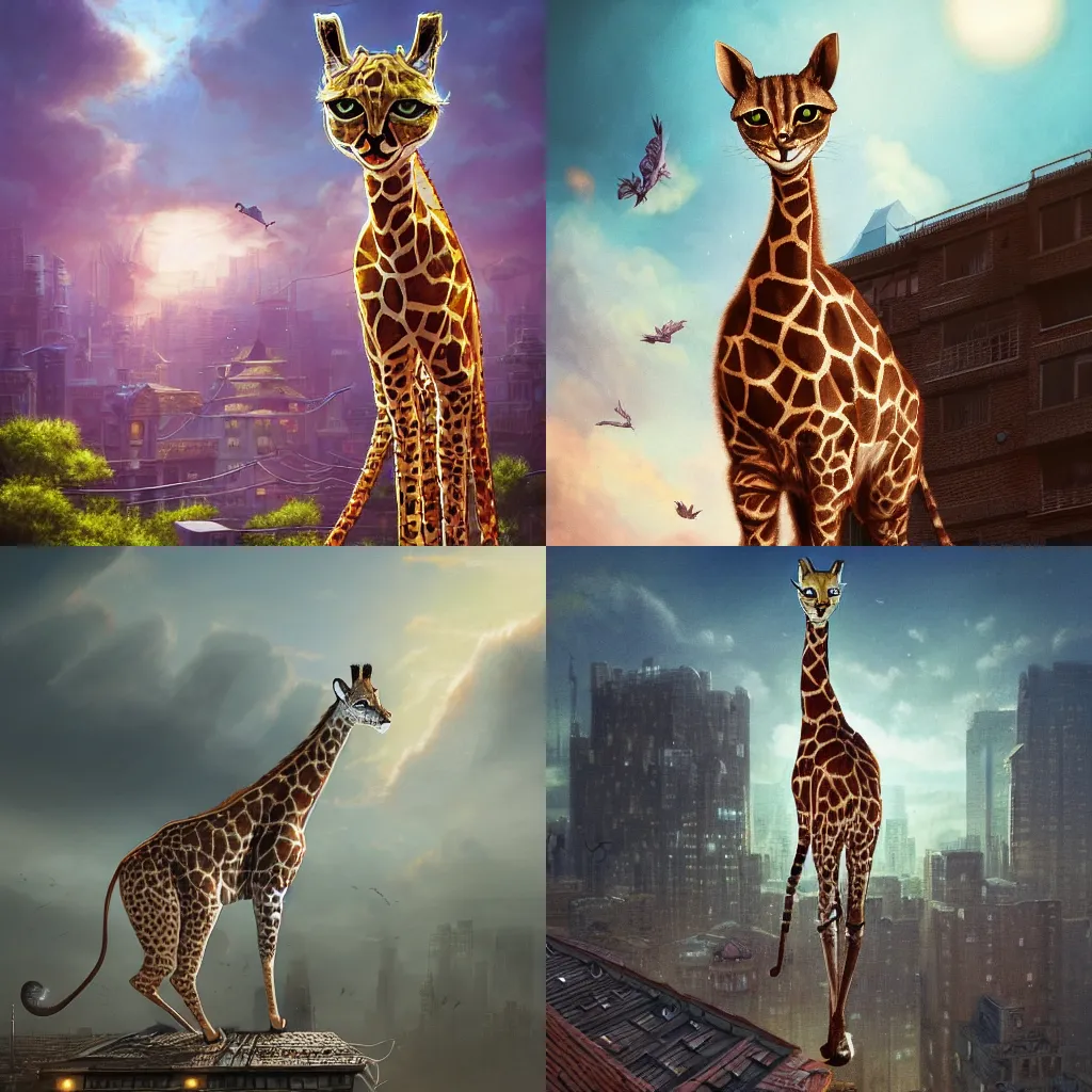 Prompt: a cat as giraffe standing on the rooftop, fantasy, illustration, intricate, epic lighting, cinematic composition, hyper realistic, 8 k resolution, by artgerm, tooth wu, dan mumford, beeple, wlop, rossdraws, james jean, andrei riabovitchev, marc simonetti, yoshitaka amano, artstation