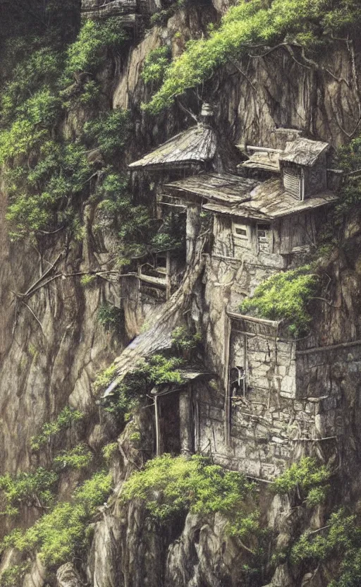 Prompt: amazing detailed intricate photorealistic painting of a house hanging off a cliff edge. a man is standing in the doorway waving. japan. hd. hq