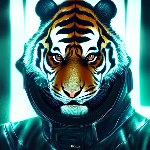 Image similar to a beautfiul award winning commission portrait of an anthro tiger in the neon cyberpunk city at night,wearing a leather jacket,glow effect,detailed face,photorealistic,character design by charles bowater,ross tran,deviantart,artstation,digital art,hyperdetailed,realistoc,western comic style,vfx,dramatic