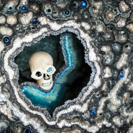 Image similar to photography of a geode with a a small body of an alien skellet inside it