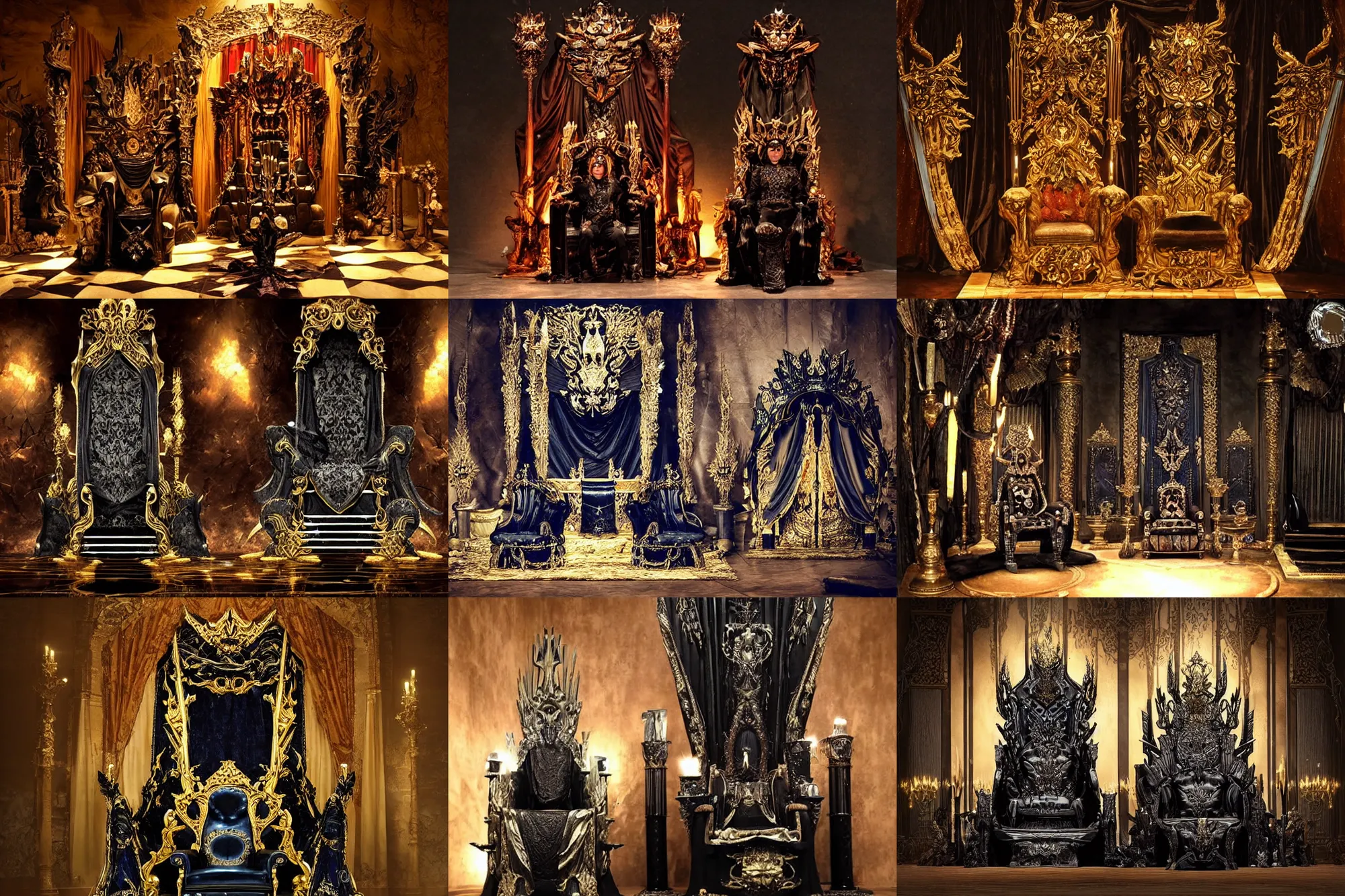 Prompt: an extravagant torchlit dark fantasy throne room with a large obsidian throne at the back, anime