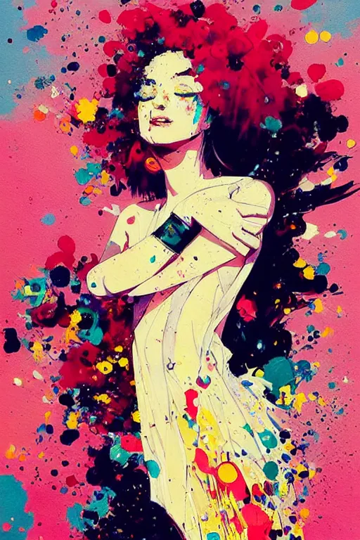 Image similar to an ultra detailed beautiful painting of a stylish woman with colorful sundress, concert poster, modern, conrad roset, greg rutkowski