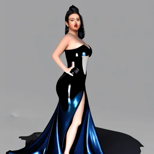 Prompt: portrait of a curvy feminine beautiful goddess with classy elaborate tight black-blue-white nylon-latex ballroom gown, elaborate outfit, photorealistic, sublime, 16k, smooth, sharp focus, cgsociety, ArtStation, volumetric lighting